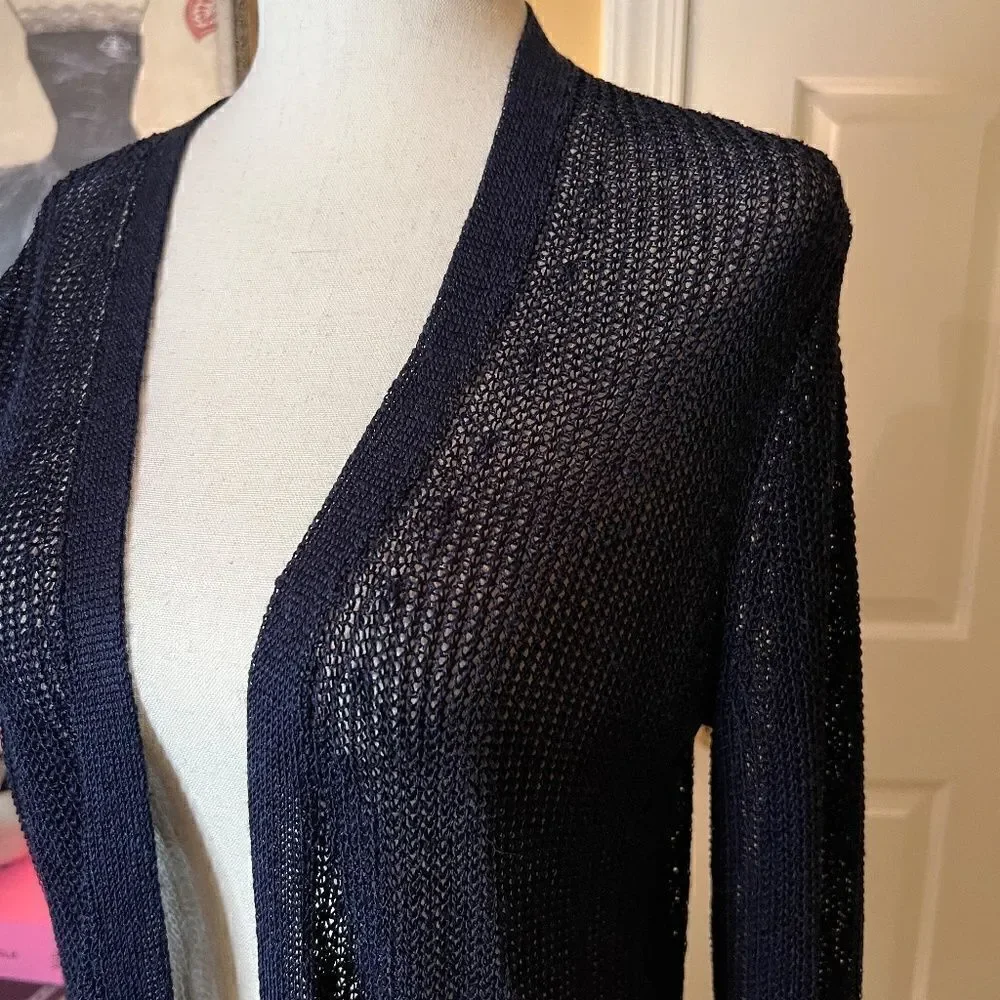 Women's Ines De La Fressange Navy Open Front Loose Weave Cardigan Sweater MEDIUM